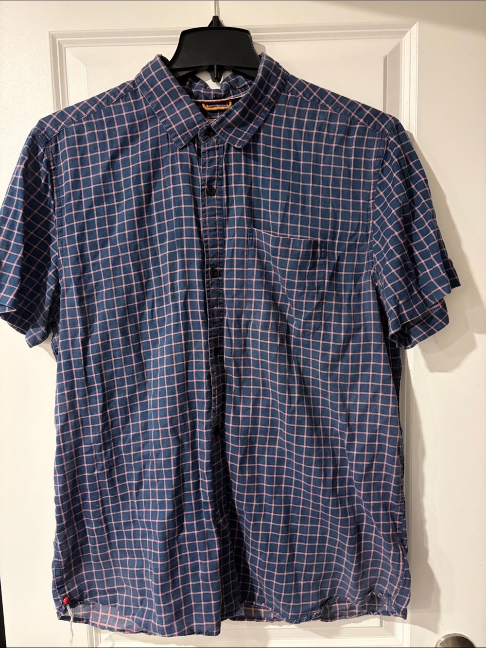 Men's Navy Blue Short-Sleeve Check Button-Down Shirt